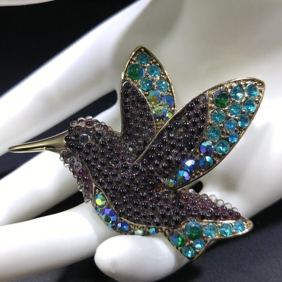 Liz Claiborne Vintage Hummingbird Brooch – Teal Rhinestones & Beads - Picture 3 of 7